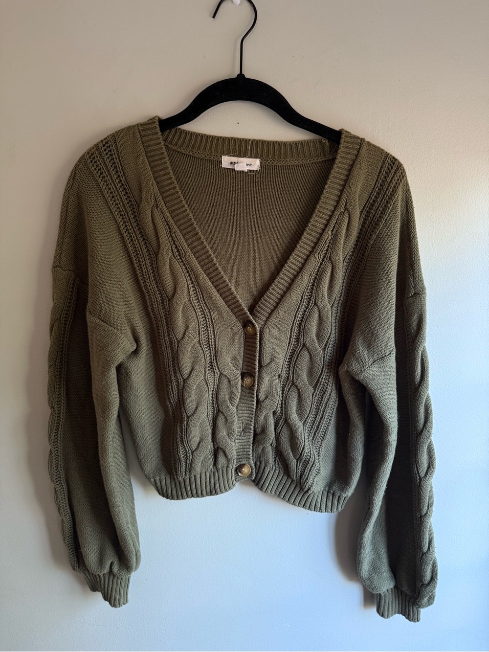 Olive Cable-Knit V-Neck Button-Front Sweater Cardigan